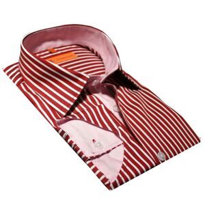 Leonardo Valenti Red White Striped Contast  Cuff LS Dress Shirt Size 2XL